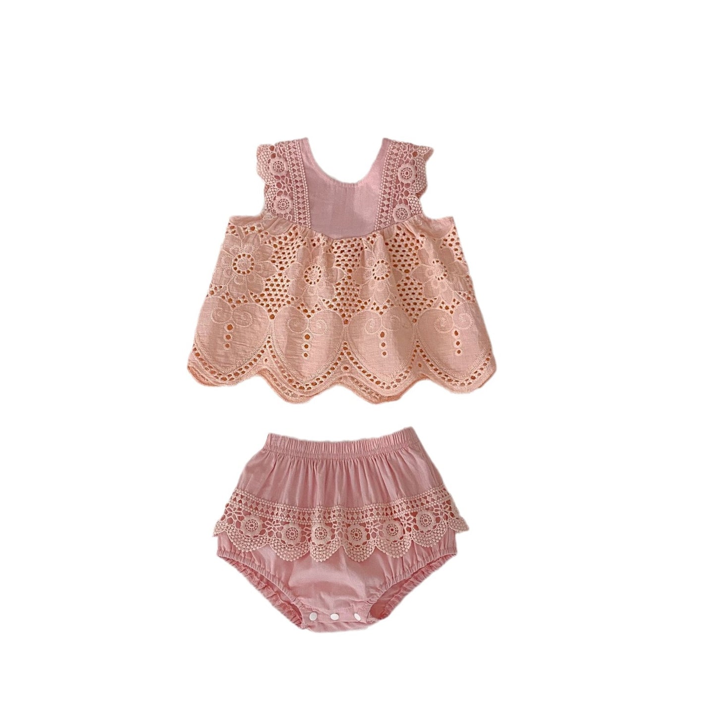 A 2024 Summer infant girl baby round neck sleeveless lace stitching top+pure color bag fart pants 2-piece suit