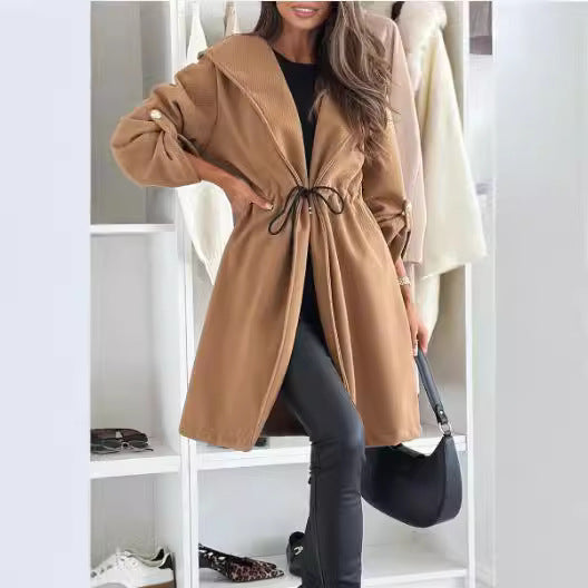 A European and American cross-border Amazon fashion strap hooded lapel women's casual long-sleeved autumn and winter new coat style