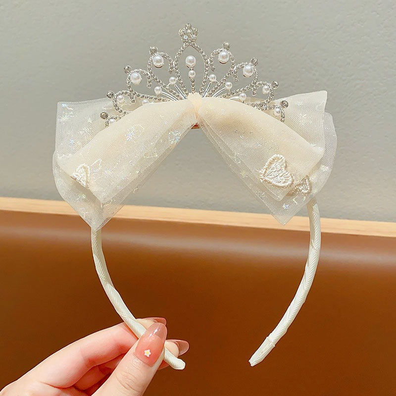 PRICE FOR 10 PIECE Princess temperament Crown tiara little girl gauze bow Pearl hairband pleated lace embroidered headband hairpin (weight:0.05kg)