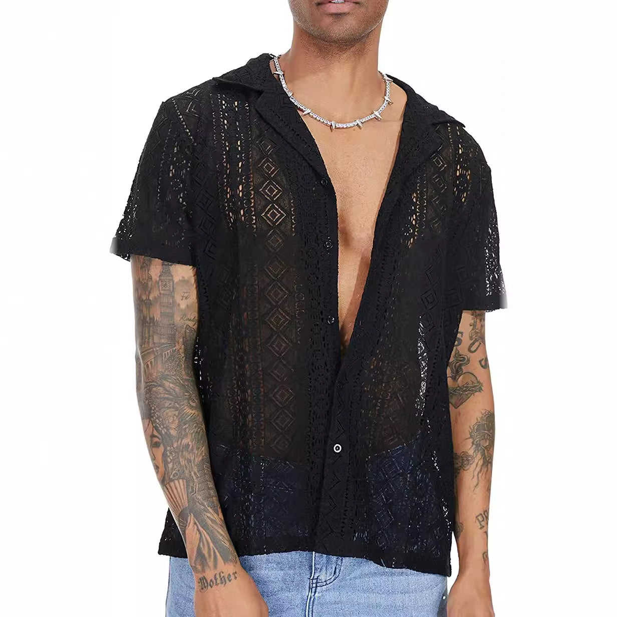 A spot European and American fashion new men&#039;s lace short sleeve shirt flower transparent button holiday hollow perspective lining