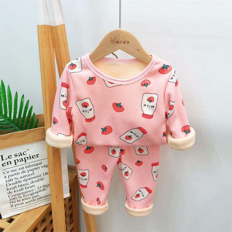 A handsome baby autumn clothes new velvet cartoon warm clothes two-piece set autumn and winter boys and girls suits wholesale