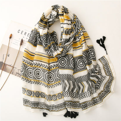 A Yitao Scarf Creative Ethnic Style Cotton and Hemp Hand Feel Scarf Women's Orange Wheat tassel Tourist Beach Scarf Shawl