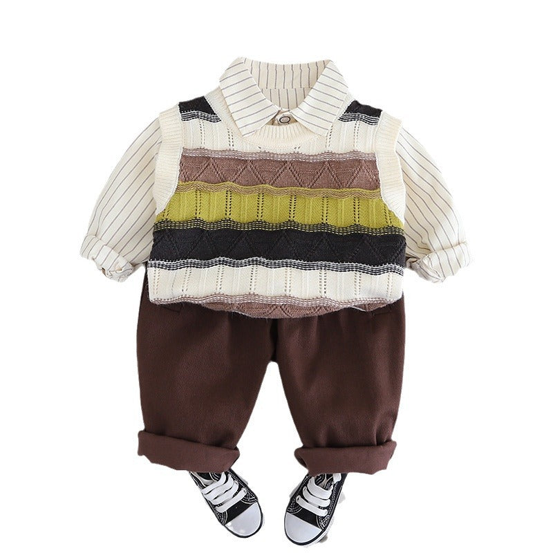 Un nuevo chaleco a rayas para niños de 2024, traje de tres piezas para niña, otoño, niño, versión coreana de ropa del tesoro para hombres, ropa para niños, 0,3 kg 