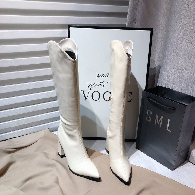 A but knee boots women wear autumn and winter 2023 pointed thick heel knight boots Chelsea V-mouth thin boots