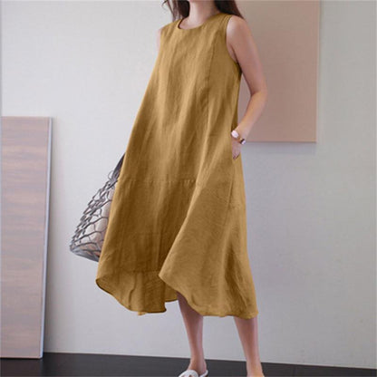 A Cross-border foreign trade summer round neck long dress sleeveless large size loose solid color long pendulum vest cotton and linen dress women