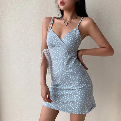 A European and American pure desire retro printing v-neck suspender dress women's summer 2024 new floral suspender dress women's foreign trade