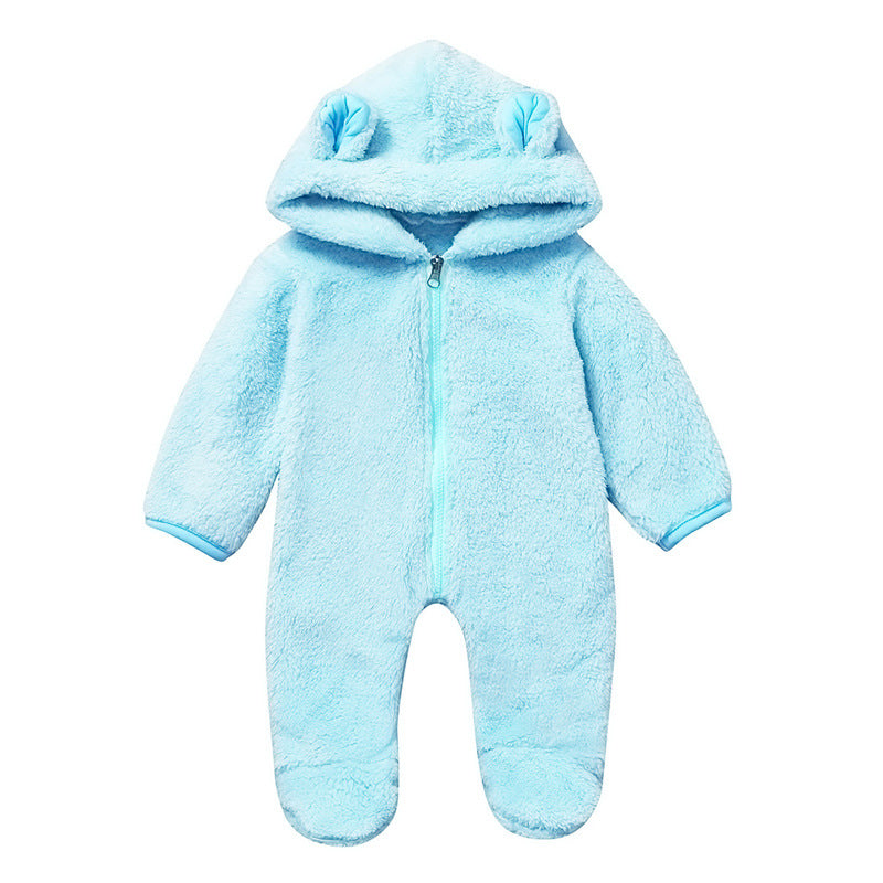 A Men, women and children, European and American spring and autumn winter cute solid color hooded fleece thickened foot-wrapped one-piece Romper children's clothing ins