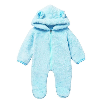 A Men, women and children, European and American spring and autumn winter cute solid color hooded fleece thickened foot-wrapped one-piece Romper children's clothing ins