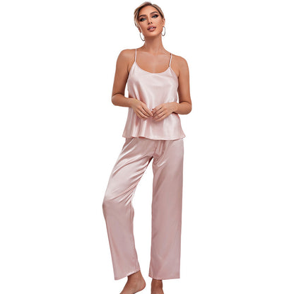 A European and American cross-border ice silk loungewear breathable backless suspender skirt trousers set female imitation silk pajamas wholesale