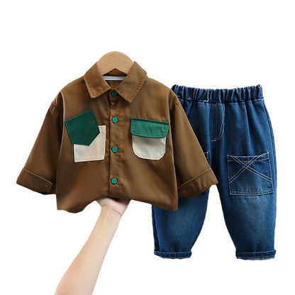 Boy's Autumn Suit New Fried Street Men's Loose Kids Long Sleeve Roll-Neck Shirt 2-Piece Set 0.25kg