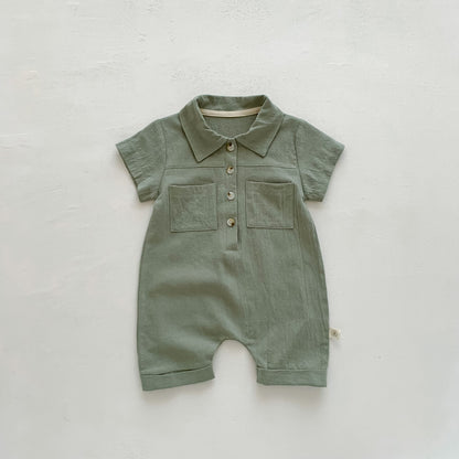 A children's clothing in stock Instagram style Korean version baby short sleeved jumpsuit for boys with open chest lapel work piece climbing suit