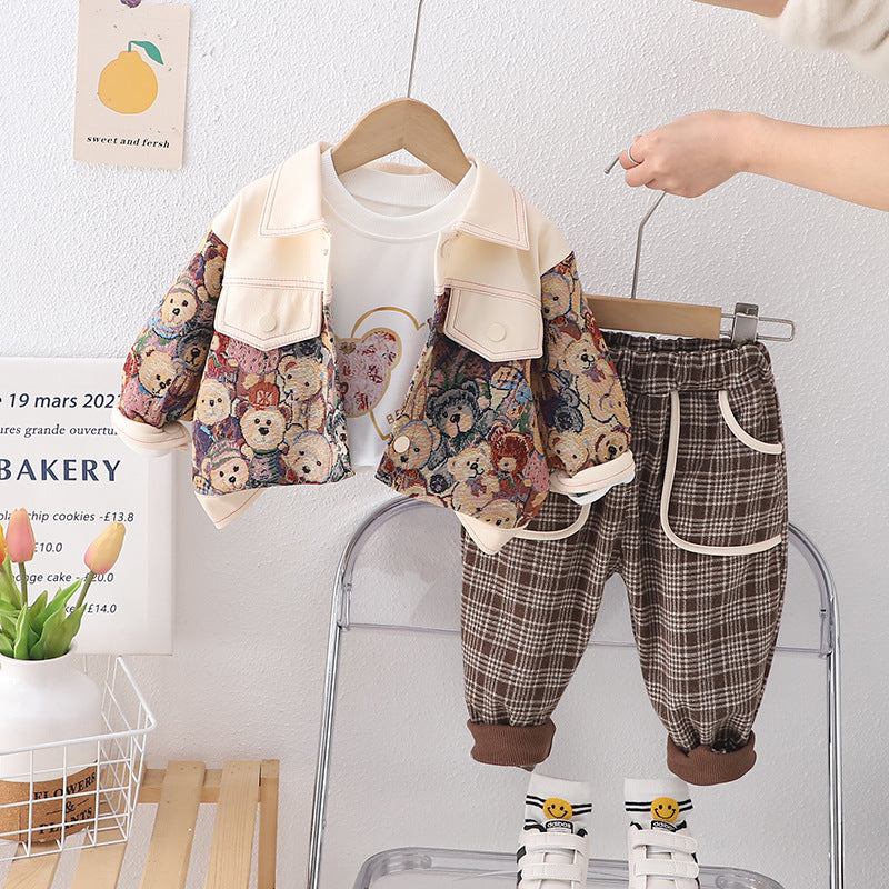 A boys and girls spring clothes new foreign style children's bear leather jacket plaid trousers three-piece set source manufacturer wholesale