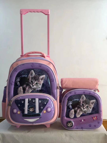 A three piece set of pull rod backpack, student 16 inch PU backpack, pencil case, medium backpack, children's backpack, three wheel square pole