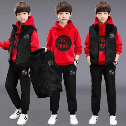 A boys autumn and winter suit new fleece thickened sweater three-piece set medium and older children's Korean version double-sided fleece children's clothing