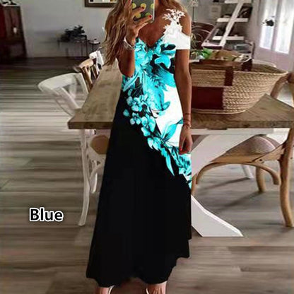 A 2024 European and American cross-border Amazon women's clothing summer new lace suspender v-neck fashion printed loose dress