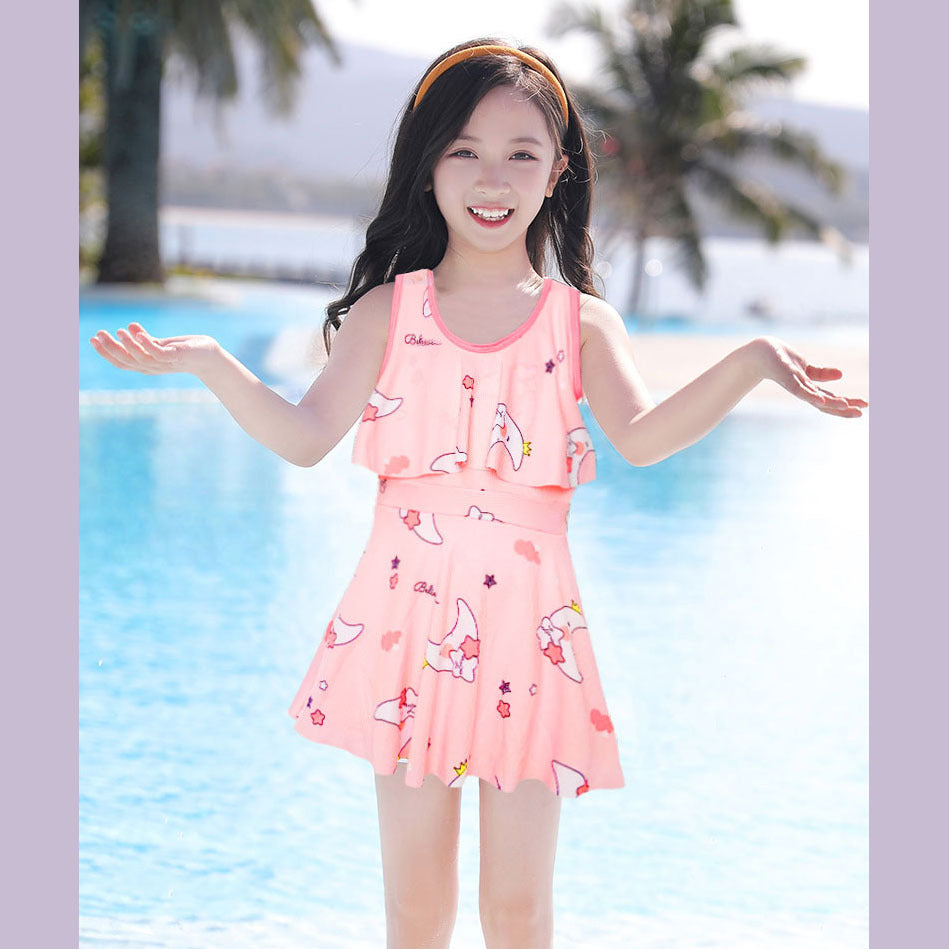 A Girls' swimsuit, sports stitching, split short sleeve sunscreen, swimsuit for medium and large children, swimsuit with chest pad, and quick-drying student swimsuit for children 0.15KG