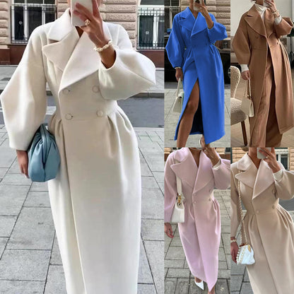 A independent station cross-border Europe, America, autumn and winter new retro palace style lantern sleeves large lapel woolen coat long coat