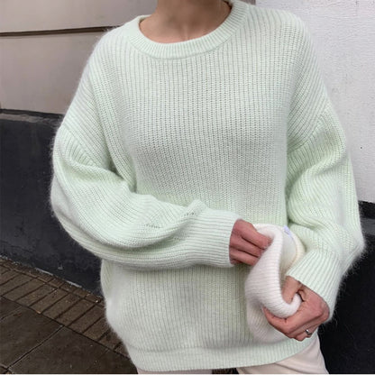 A autumn and winter European and American ins style imitation mink sweater women's lazy style temperament loose super soft knitted top women's versatile