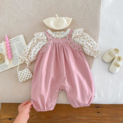 Conjunto de dos piezas de pantalones con pechera de una pieza para bebé, traje de gateo de una pieza para niña, camisa con estampado floral, estilo extranjero para bebé 