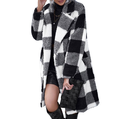 Women's Amazon AliExpress Independent Station Autumn and Winter Long Lapel Plaid Plush Jacket