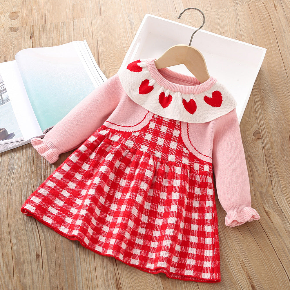 A girls sweater autumn and winter new sweet plaid baby knitted love Korean version doll long-sleeved princess dress