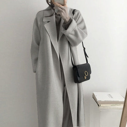 A Spot women's woolen coat Korean version salt fried street suit collar loose tie autumn and winter extended double-sided woolen coat