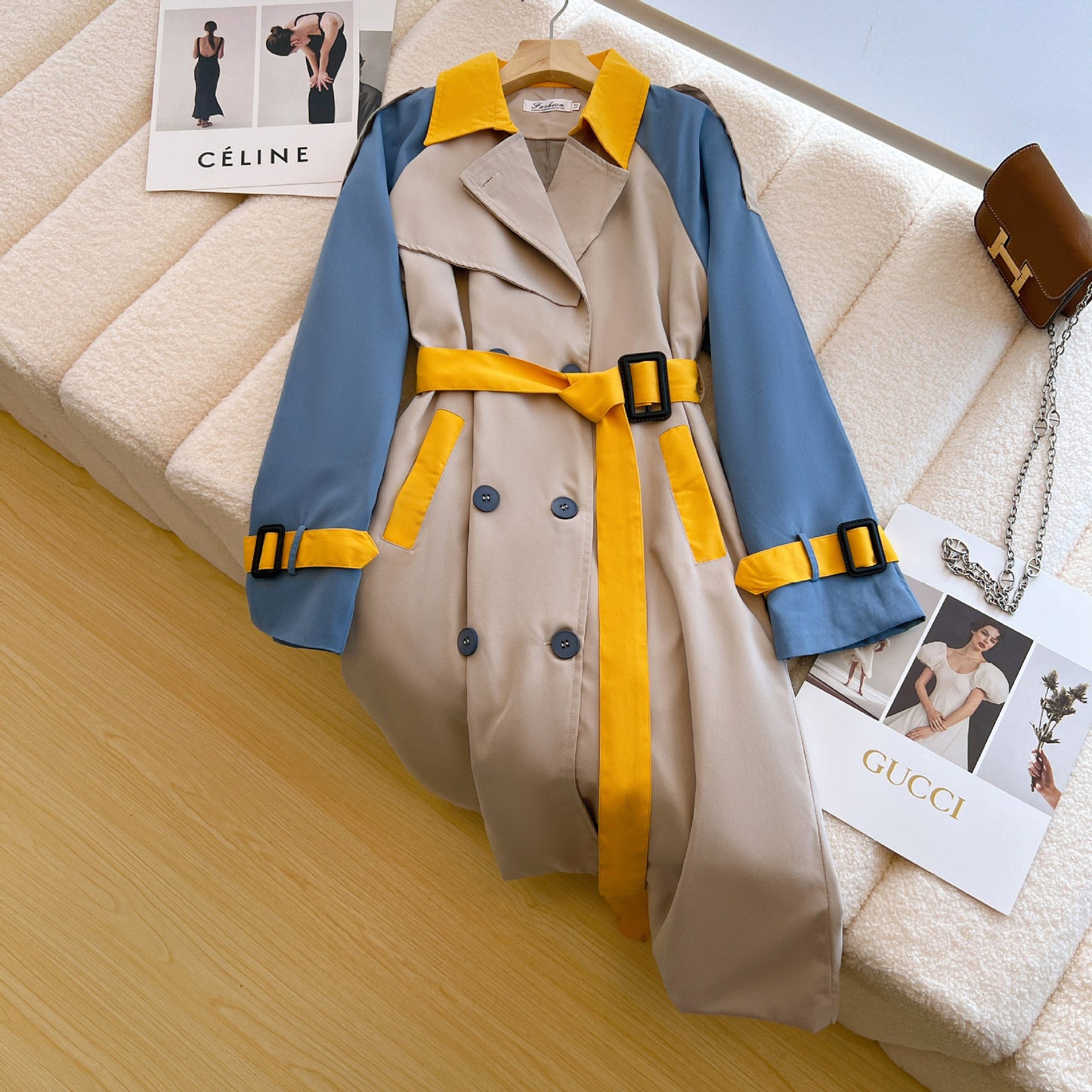 A Contrast color trench coat women's medium and long spring and autumn new fashion age-reducing design sense niche loose and thin coat women