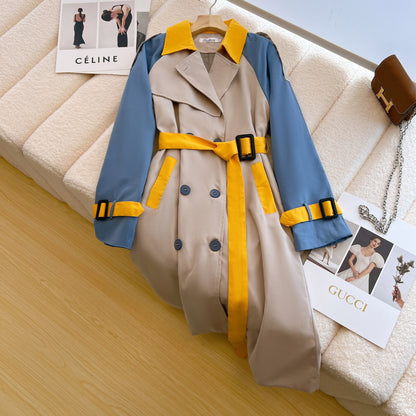 A Contrast color trench coat women's medium and long spring and autumn new fashion age-reducing design sense niche loose and thin coat women