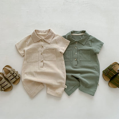 A children's clothing in stock Instagram style Korean version baby short sleeved jumpsuit for boys with open chest lapel work piece climbing suit