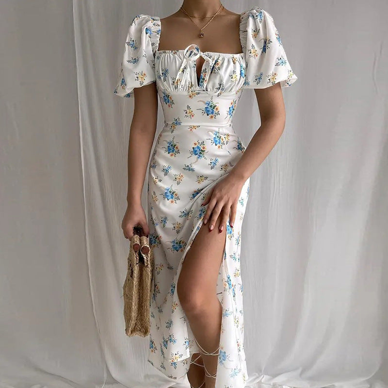 A 2024 Amazon European and American women's clothing summer new printing French floral backless slim suspender split dress