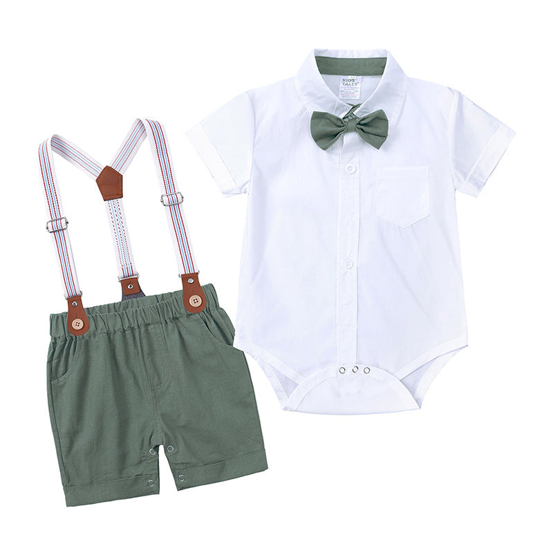 A Summer Gentlemen's Set for Boys in Foreign Trade, Two Piece Set of Infant Crawling Clothes with Backstraps and Pants, British Style, Handsome Dress for Delivery