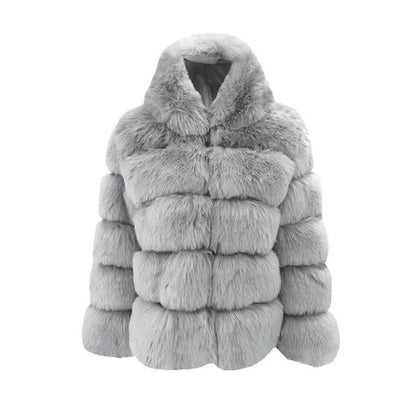 A Amazon lady autumn and winter thickened warm fluffy jacket long sleeve hat imitation rabbit fur jacket