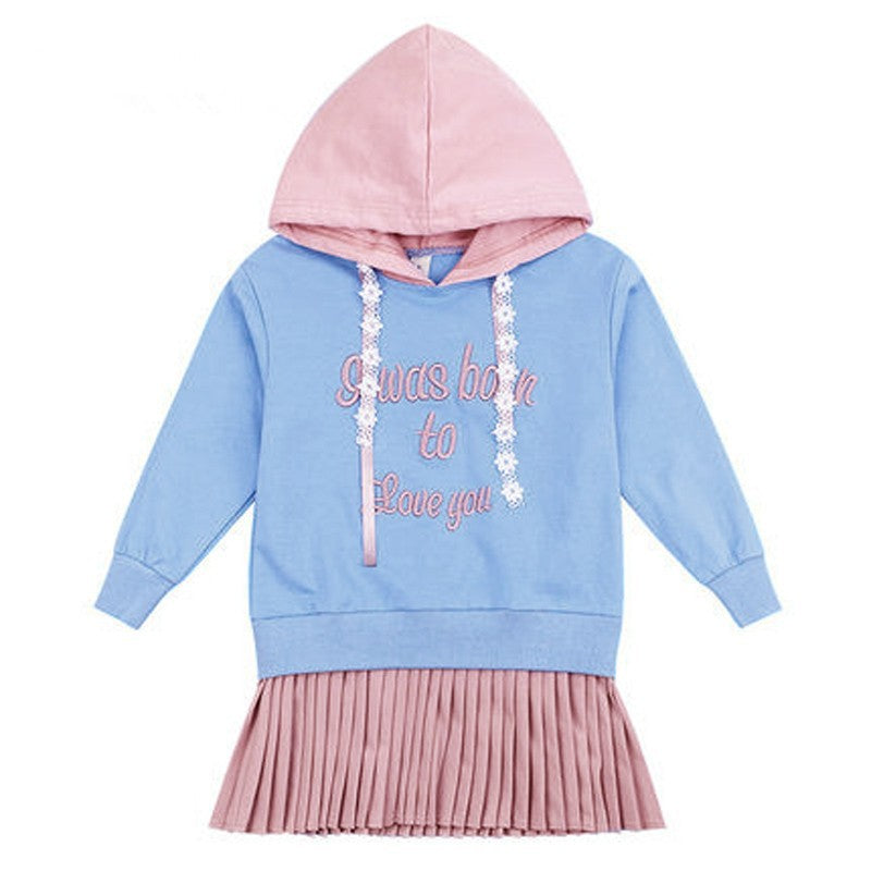 Girl's long sleeved hoodie dress Korean version Girl's hooded pleated fake two princess dresses 0.28kg