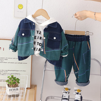 A Children's Autumn Denim Three-piece Set Manufacturer Wholesale Boys' Handsome Trendy Clothing Long Sleeve Denim Jacket Hooded Bottom