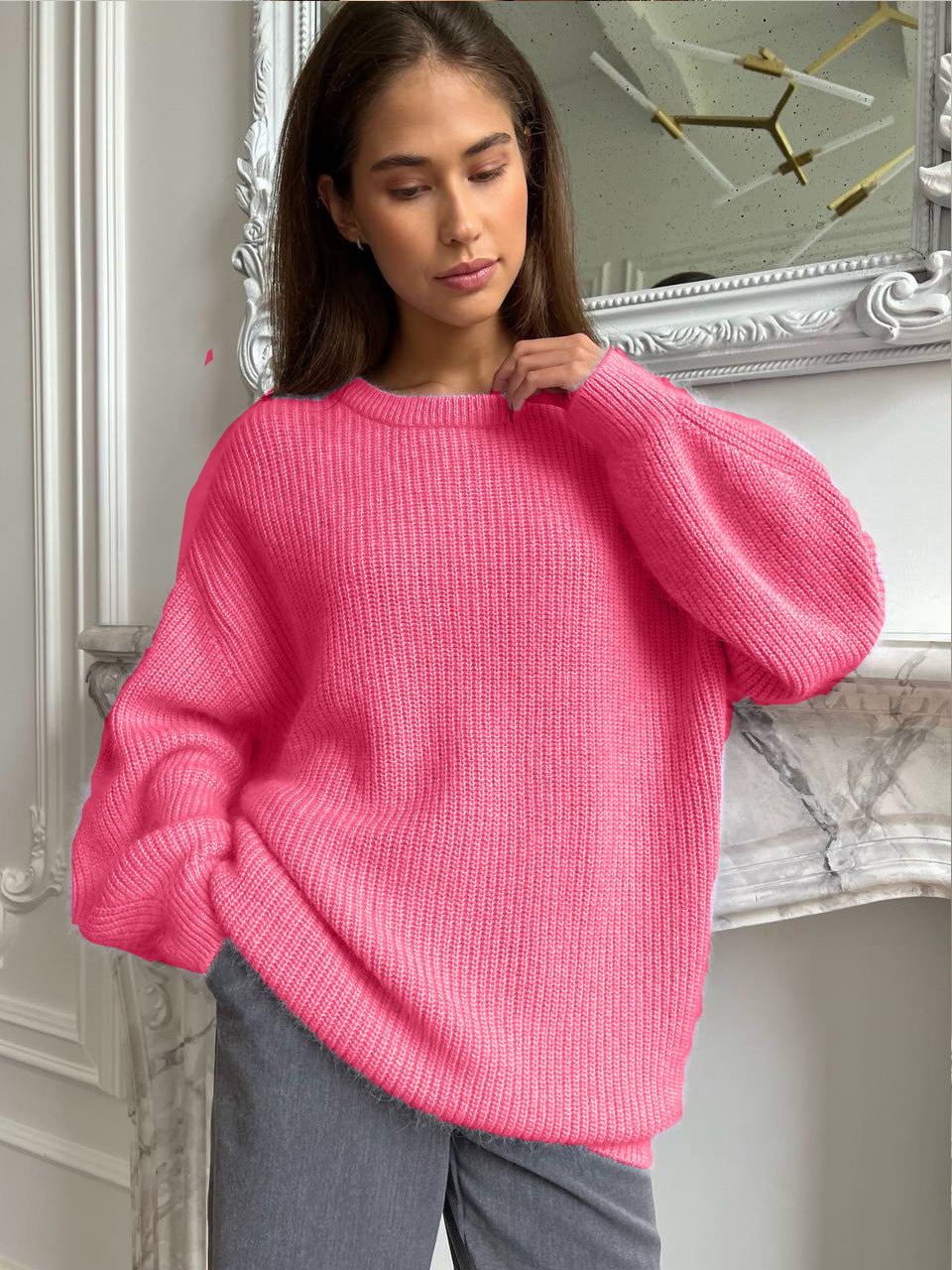 A autumn and winter European and American ins style imitation mink sweater women's lazy style temperament loose super soft knitted top women's versatile