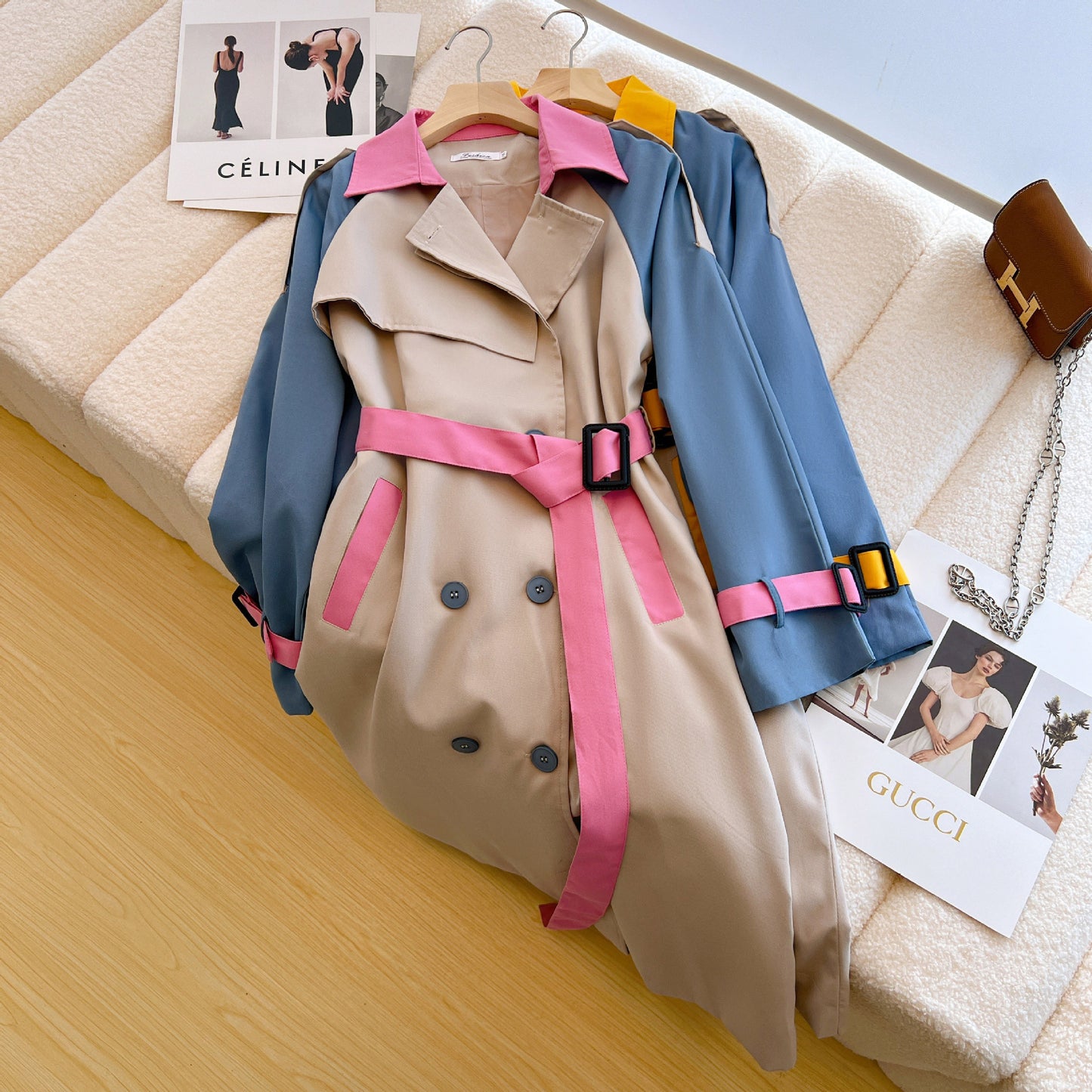 A Contrast color trench coat women's medium and long spring and autumn new fashion age-reducing design sense niche loose and thin coat women