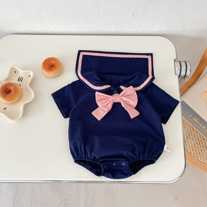 A baby summer new girl baby western-style college wind lapel bow Harbin clothes newborn triangle climbing suit