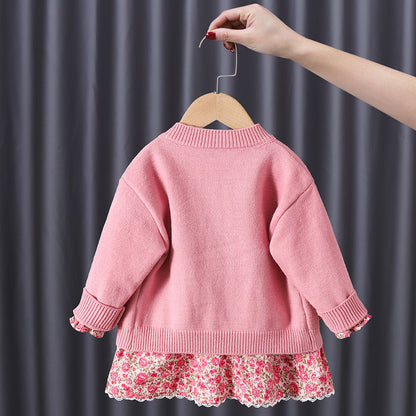 Chaqueta de suéter rosa melocotón para niñas, ropa de otoño 2023, vestido floral dulce Chaoxian para bebés, conjunto de falda para niños, 0,2 kg