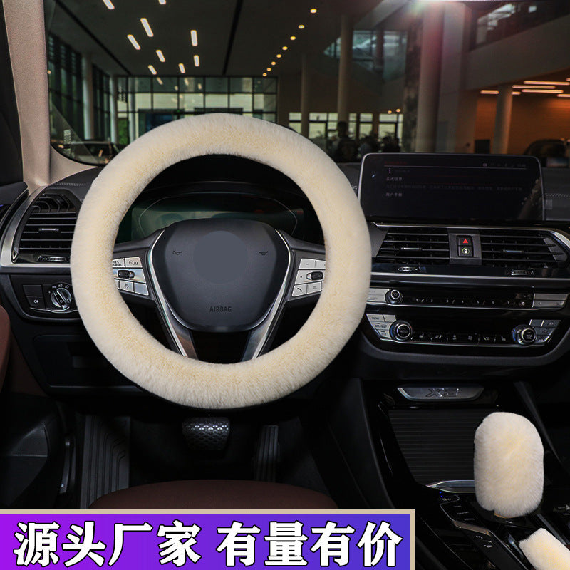 Winter short plush handlebar cover imitation rabbit fur gear lever handbrake three-piece set plush car steering wheel cover (moq:10 set , if  buy one piece need 1usd extra fee )