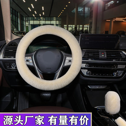 Winter short plush handlebar cover imitation rabbit fur gear lever handbrake three-piece set plush car steering wheel cover (moq:10 set , if  buy one piece need 1usd extra fee )