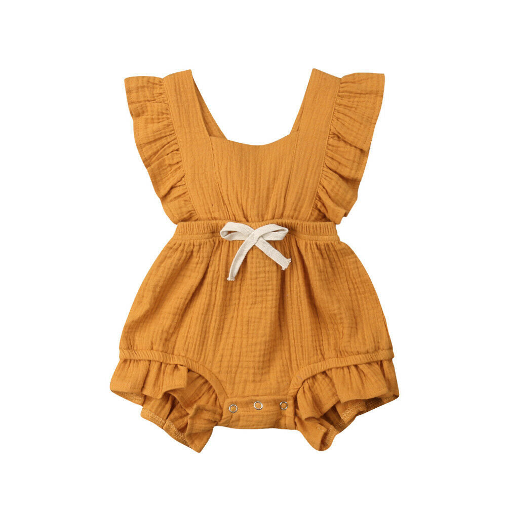 Cross-border foreign trade children&#039;s one-piece khaki solid color ruffled sleeveless jumpsuit 0.1kg