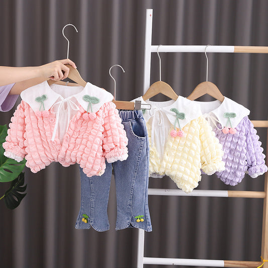 Girls' autumn suits, new foreign children's tops, pants, baby cherries, three-piece sets, fashionable children's clothes