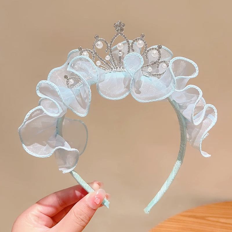 PRICE FOR 10 PIECE Princess temperament Crown tiara little girl gauze bow Pearl hairband pleated lace embroidered headband hairpin (weight:0.05kg)