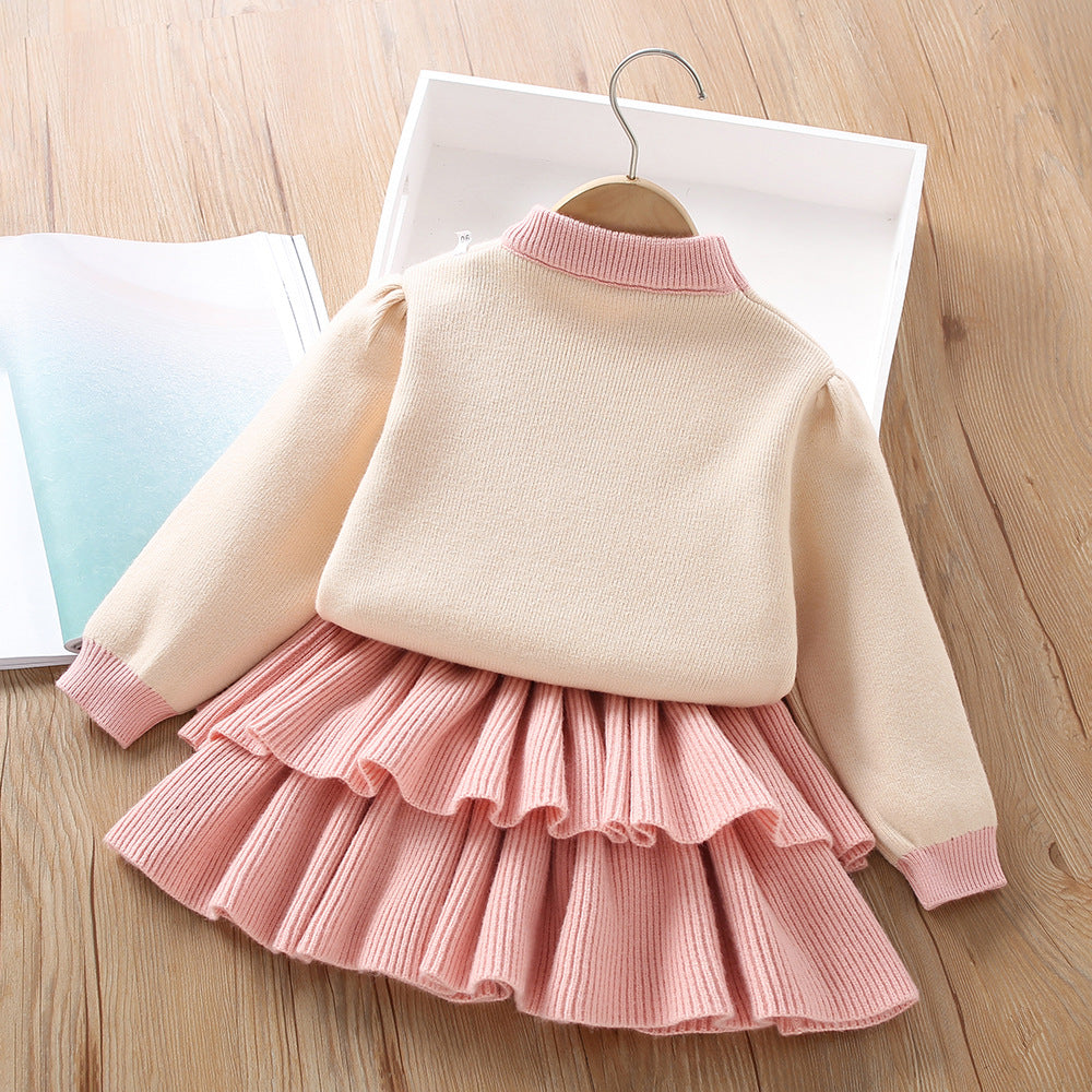 A girls sweater set autumn and winter new Korean version of foreign style solid color love knitted long-sleeved cake skirt two-piece set