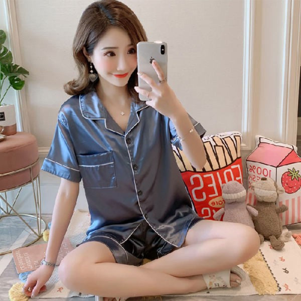 A Trade hot pajamas2024 pajamas women's summer double short imitation silk chest opening 2-piece silk solid color set