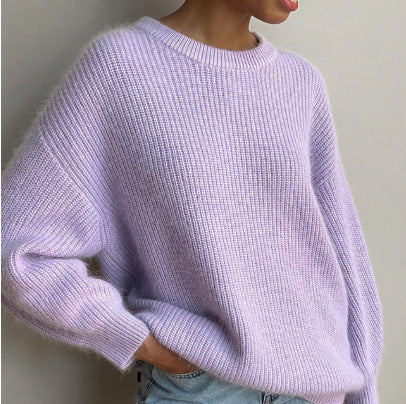 A autumn and winter European and American ins style imitation mink sweater women's lazy style temperament loose super soft knitted top women's versatile