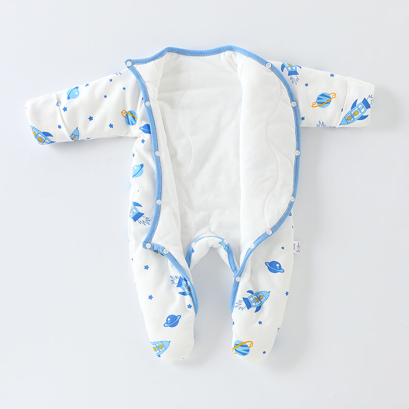 A Autumn and winter baby foot-wrapped onesie padded cotton newborn pure cotton cotton clothes go out to keep warm