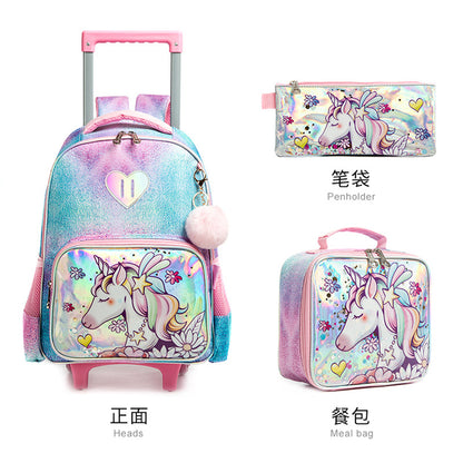 A Cross border New Fantasy Cartoon 16 inch Elementary School Universal Rod School Bag Three Piece Set with Reduced Load and Breathable Children's Book Bag