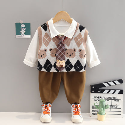 A children's autumn and winter three-piece set manufacturer wholesale boys and girls siblings sweater vest bow tie long-sleeved shirt