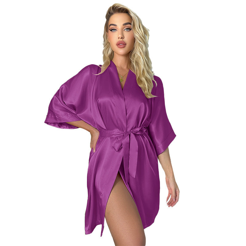 A new nightgown spring and autumn women's ice silk thin sexy pajamas nightgown lace-up kimono loose casual bathrobe